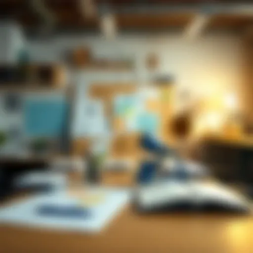 A creative workspace filled with brainstorming materials and tools