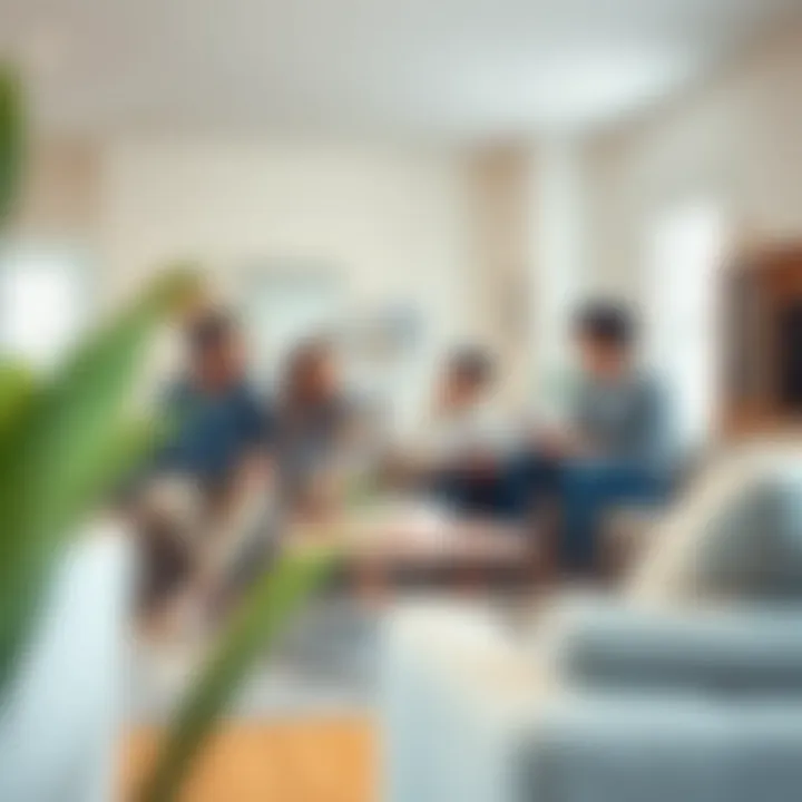 A family happily discussing plans in their new living room