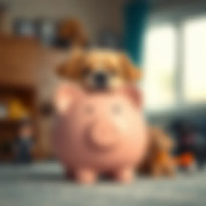 Financial Implications of Dog Ownership Without Insurance A piggy bank alongside dog toys symbolizing financial planning