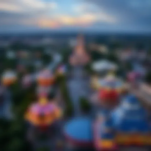 Aerial view of Walt Disney theme park showcasing vibrant attractions