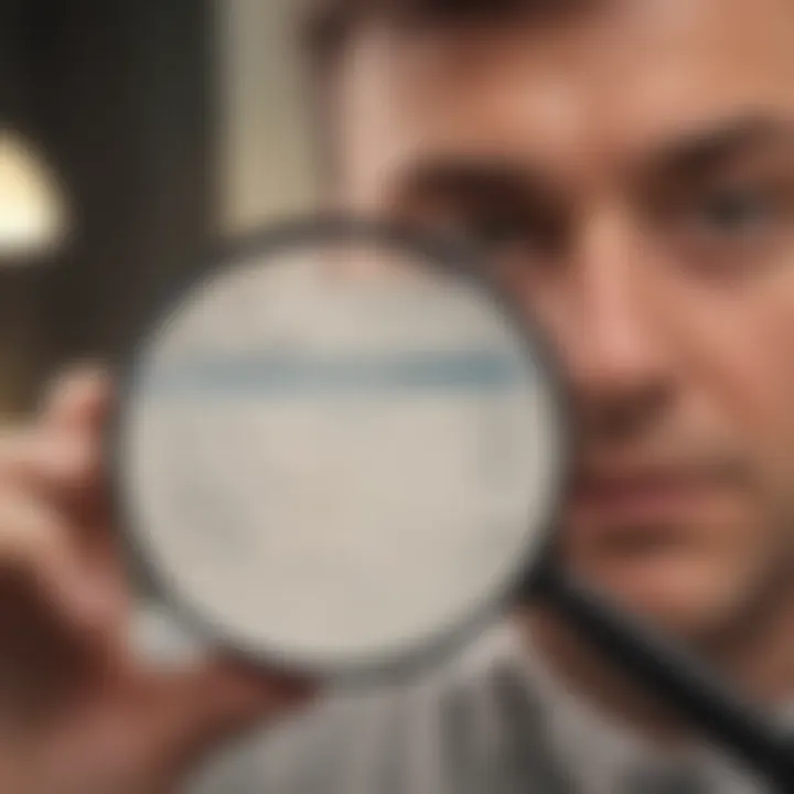 An illustration of a person analyzing their credit report with a magnifying glass