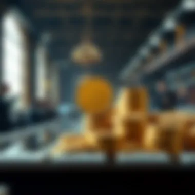 Auction scene with bidders and gold coins on display